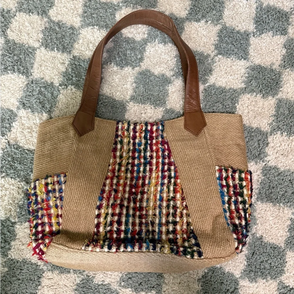 Woven Multicolor Jute Tote Bag Brown Leather Handles Summer Boho Hippie Purse